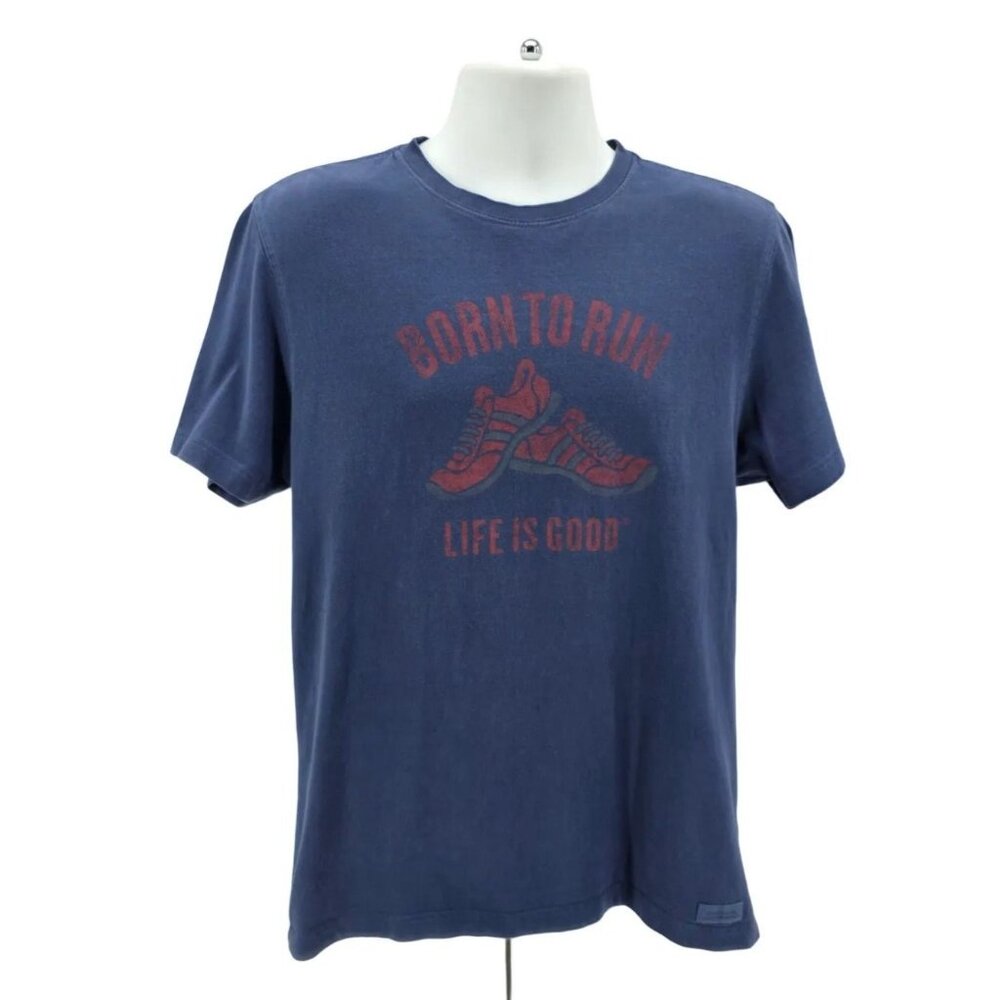 Life Is Good Mens Medium Shirt Classic Fit Born To Run Blue Graphic Running Shoe